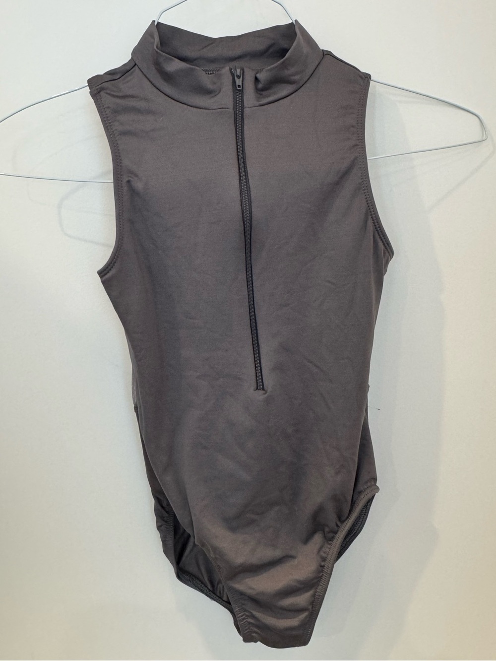 Motion Wear Small Adult Charcoal Grey Front Zipper Sheer Panel Dance Bodysuit
